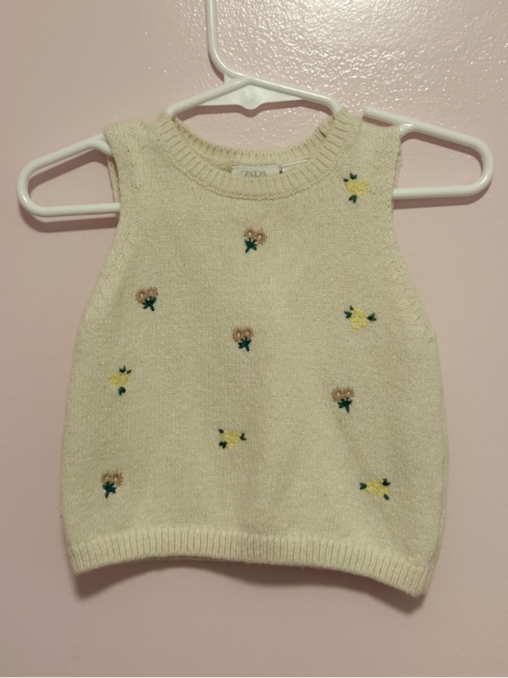 Zara Cream Knit Tank Top with Floral Embroidery Sz 9-12 Mo